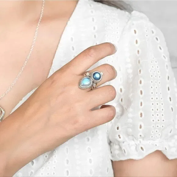 Vintage Style Silver Plated Rings  Moonstone and Labradorite Gemstone - Picture 11 of 12